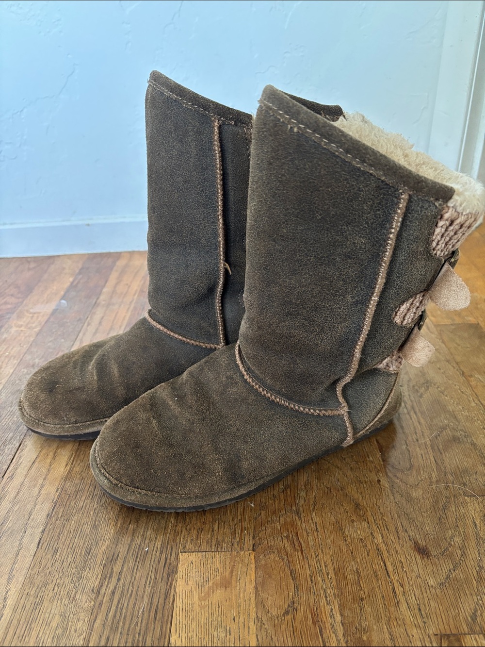 BearPaw Chocolate Brown Suede Shearling Mid-Calf Boots
